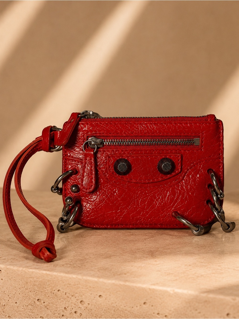 Balenciaga Le Cagole Mini Wallet On Strap Red Leather Coin Purse Wristlet